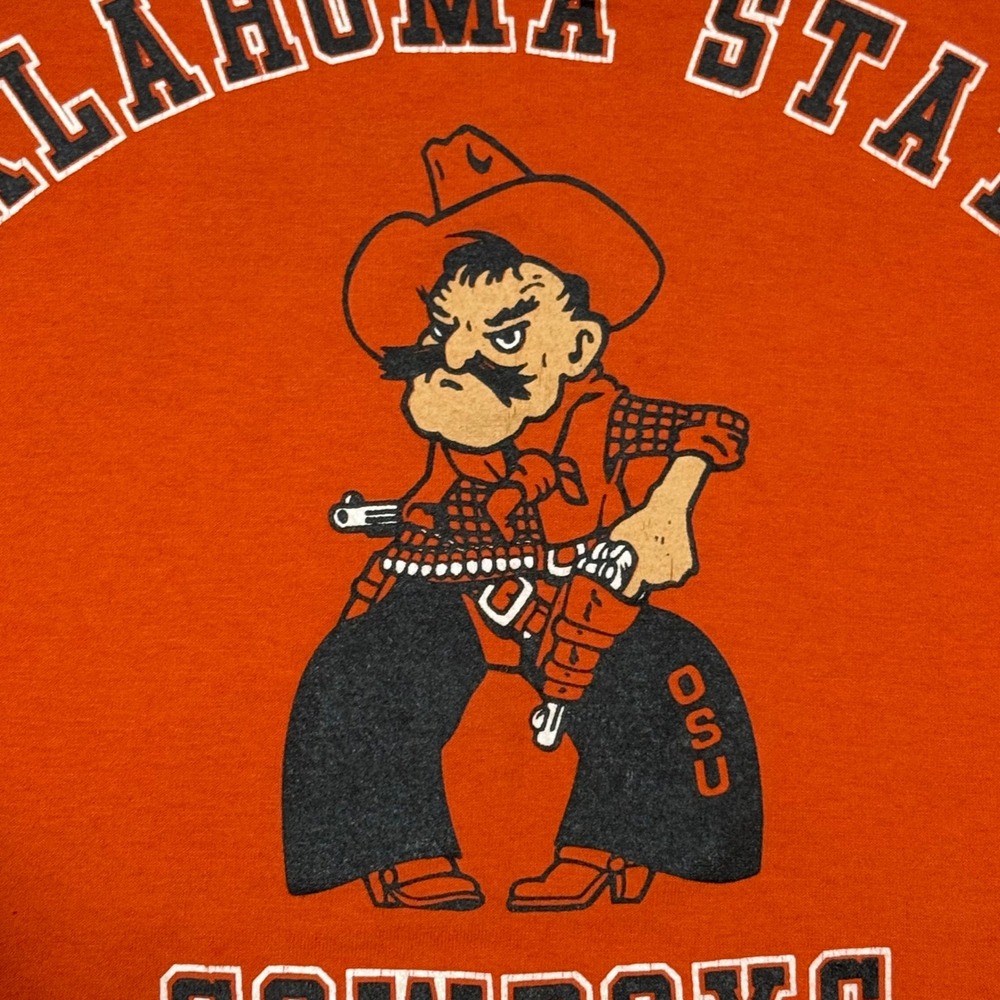 Vintage 80s Oklahoma State Cowboys T-Shirt Mens L Orange Bike Pistol Pete OSU - Picture 4 of 7